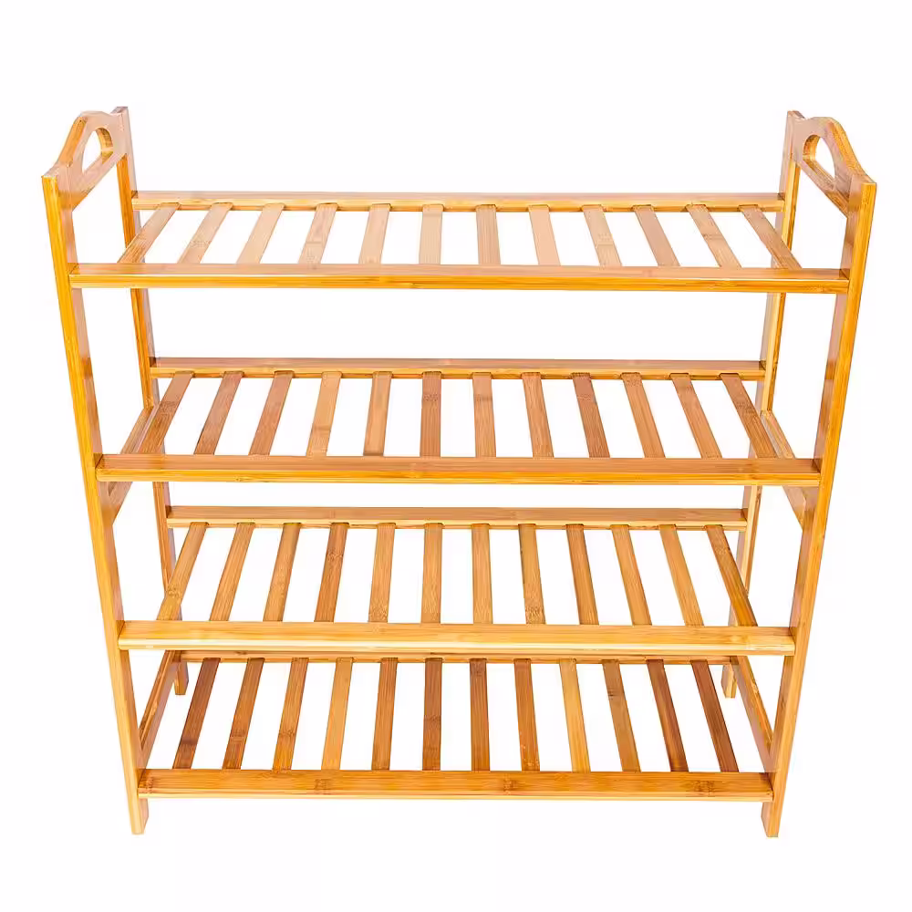 None 26.77 in. L x 9.84 in. W x 28.74 in. H 16-Pairs 4-Tier Brown Bamboo Shoe Rack