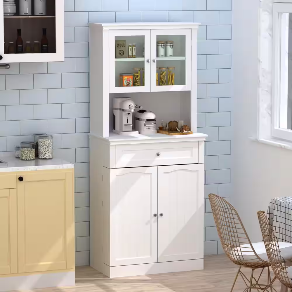 FUFU&GAGA White Painted Buffet and Hutch with Framed Glass Doors, Drawer, Adjustable Shelves