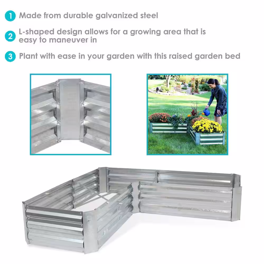Sunnydaze Decor L-Shaped Silver Galvanized Steel Raised Garden Bed