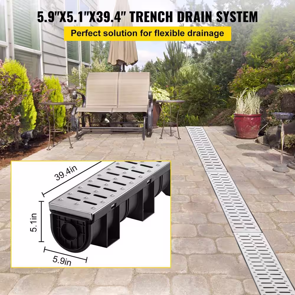 VEVOR Trench Drain Grate 39 in. L x 5.8 in. W x 5.2 in. D Drainage Trench with Metal Grate and End Cap Channel Drain 3 Pack