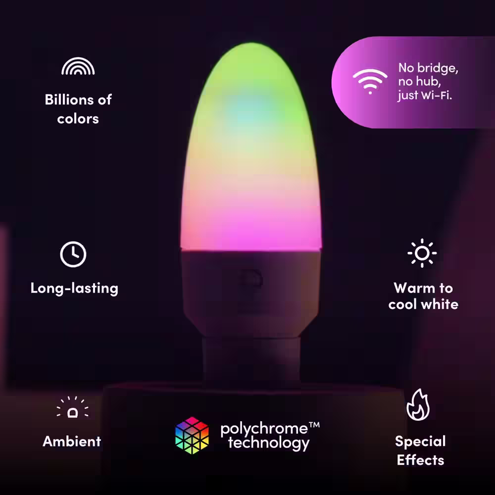 LIFX 40-Watt Equivalent B10 Smart RGB Wi-Fi E12 Candelabra LED Light Bulb, Works w/Alexa/Hey Google/HomeKit/Siri, Multi-Color