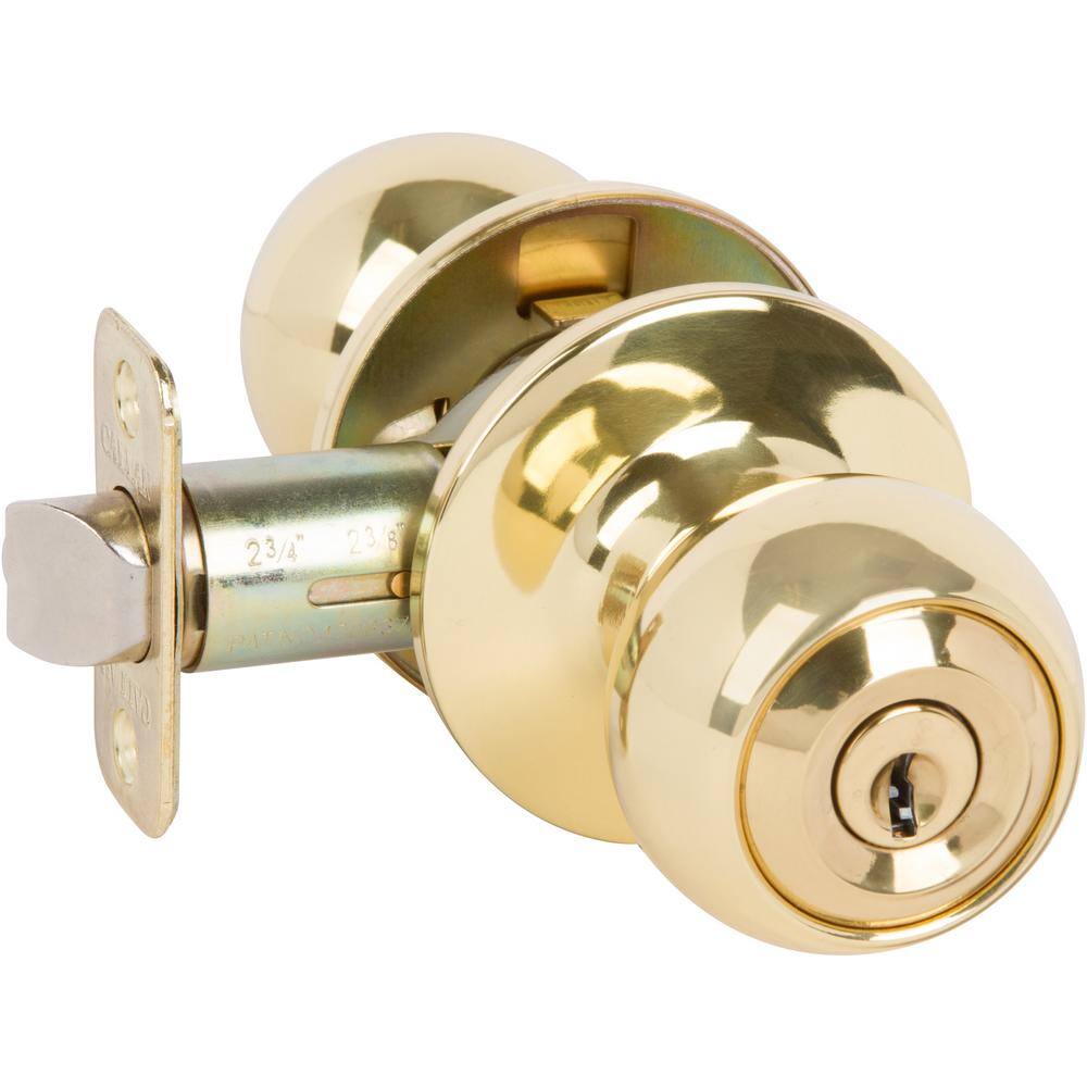 DELANEY HARDWARE Fairfield Classic Style Polished Brass Round Shape Entry Door Knob and Single Cylinder Deadbolt Combo Pack Keyed Alike