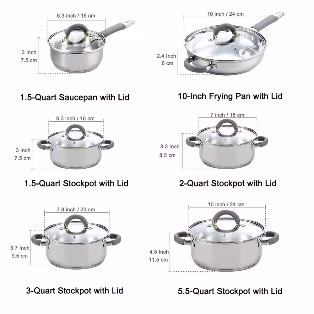 Cook N Home 12-Piece Stainless Steel Cookware Set in Gray and Stainless Steel