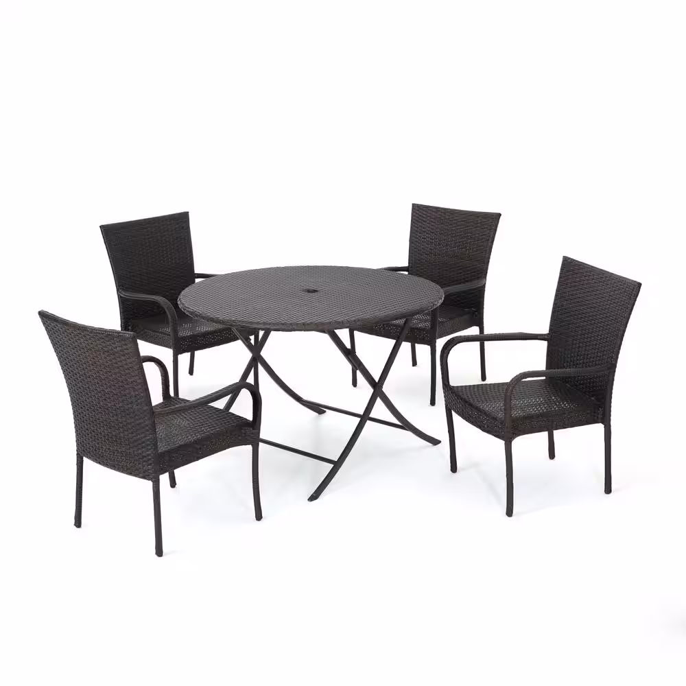 Noble House Kenley Multi-Brown 5-Piece Faux Rattan Round Outdoor Dining Set with Foldable Table and Stacking Chairs