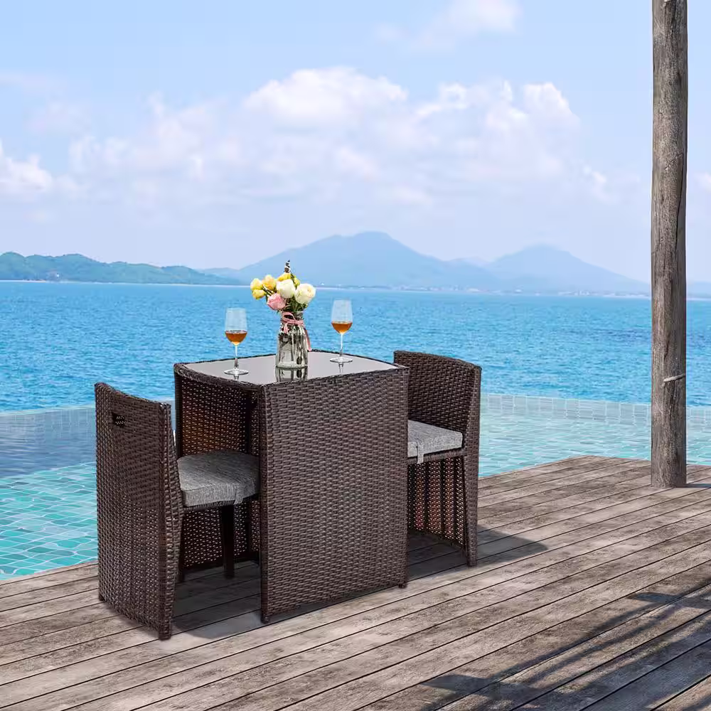 None Brown 3-Piece Wicker Outdoor Bistro Set with Grey Cushions Small Space Balcony Furniture Dining Set