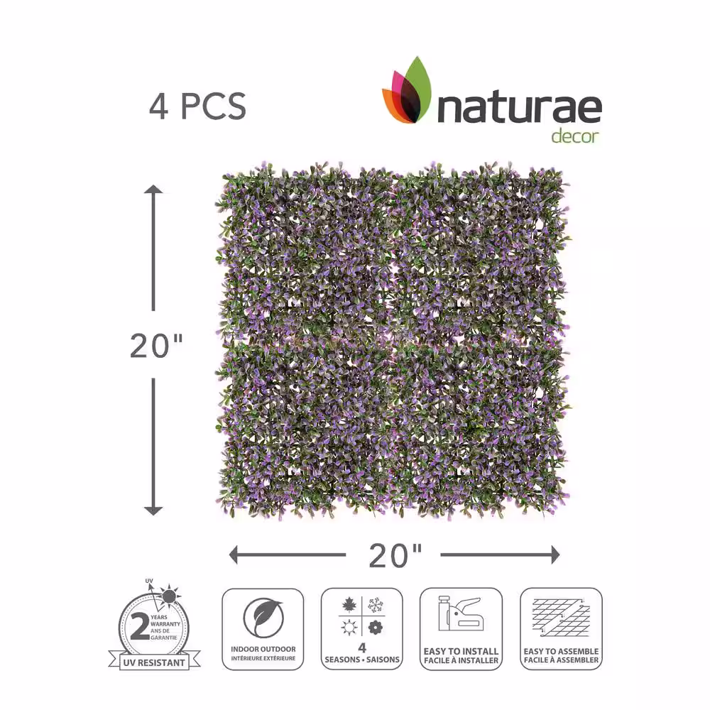 naturae decor Lavender 20 in. X 20 in. Artificial Foliage Hedges Panel 4 Pieces