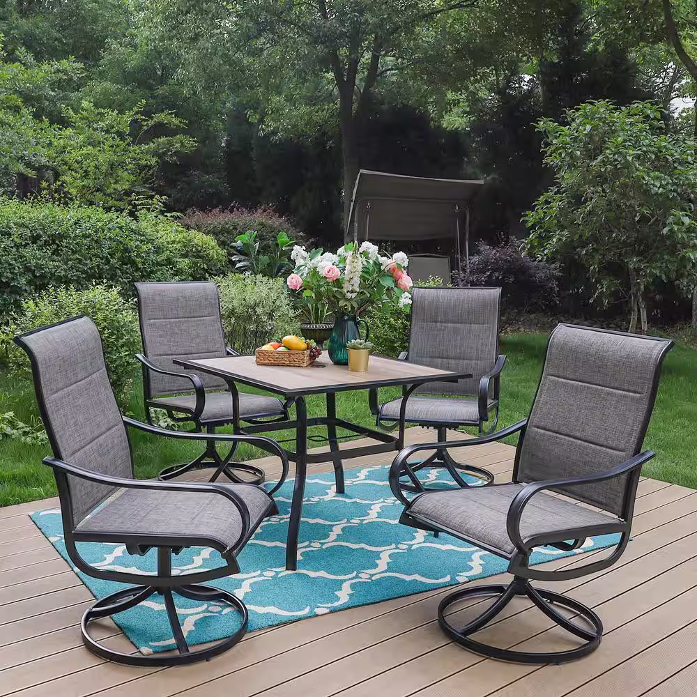 PHI VILLA Black 5-Piece Metal Outdoor Patio Dining Set with Wood-Look Square Table and Padded Textilene Swivel Chairs