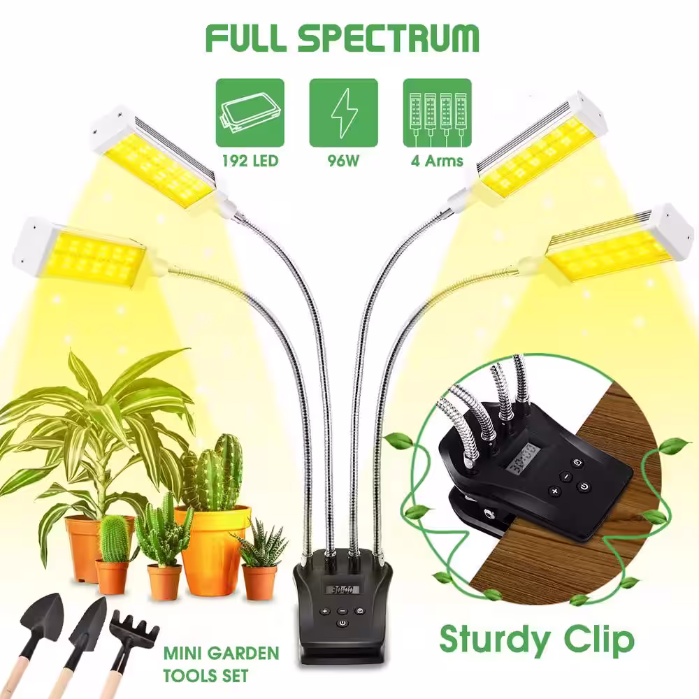 YANSUN 4-Light 96-Watt Full Spectrum LED Grow Light with Adjustable Gooseneck and Desk Clip