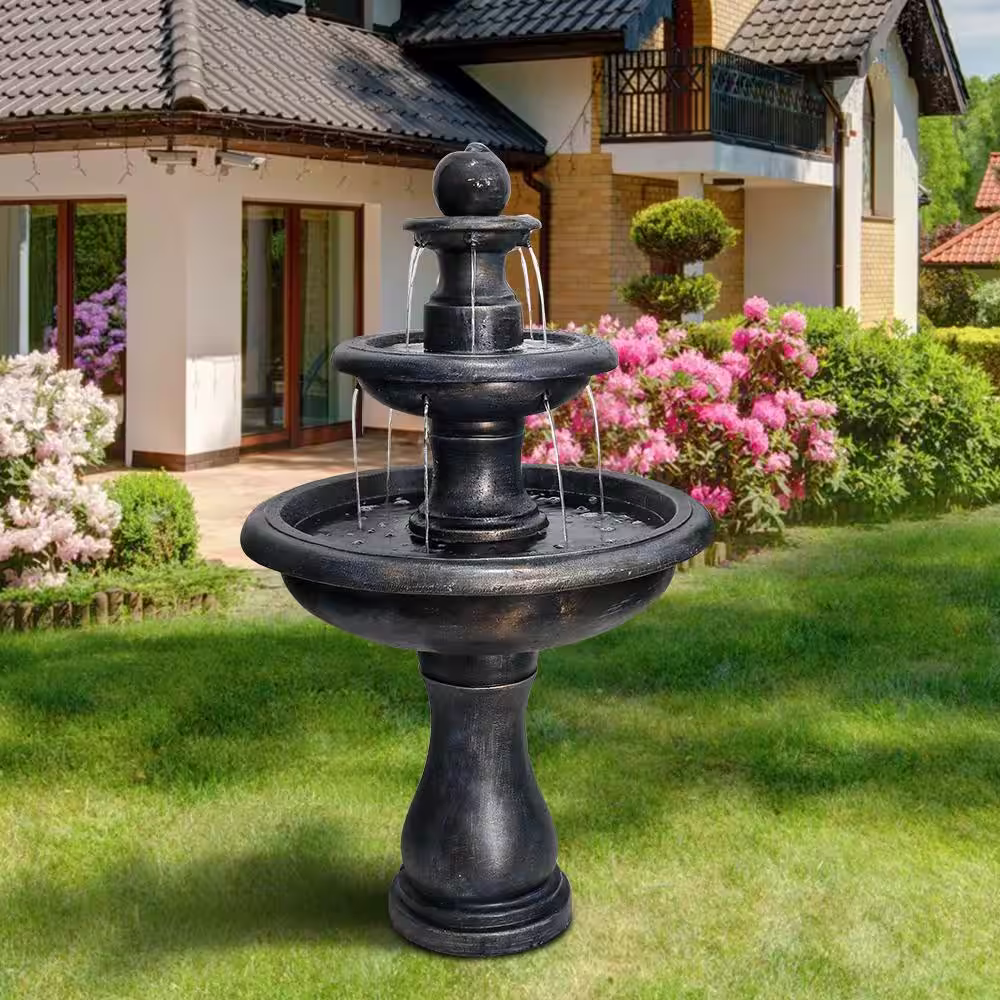 Watnature 45.2 in. H Cement Outdoor Floor Water Fountain 3-Tiers Zen Garden Cascading Waterfall with Pump for Patio, Yard, Lawn