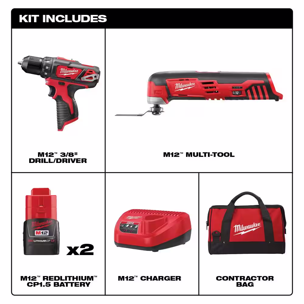 Milwaukee M12 12V Lithium-Ion Cordless Drill Driver/Multi-Tool Combo Kit (2-Tool) with (2) 1.5 Ah Battery and Tool Bag
