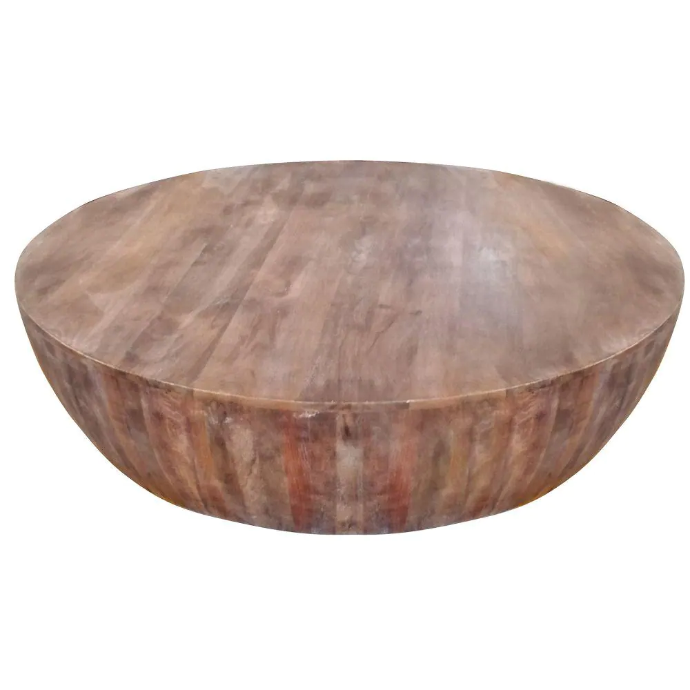 THE URBAN PORT 48 in. L Brown Hand carved Drum Shape Round Top Mango Wood Distressed Wooden Coffee Table