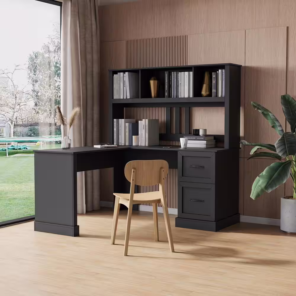 None 60 in. L-shaped Black Wood Computer Desk with Hutch 2-Drawer and Bookcase Writing Desk with Storage Shelves