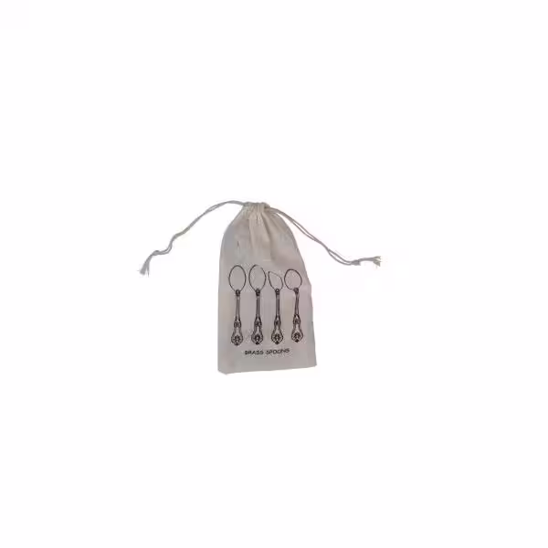 None Antique Silver Vintage Embossed Brass Spoons in Printed Drawstring Bag (Set of 4)