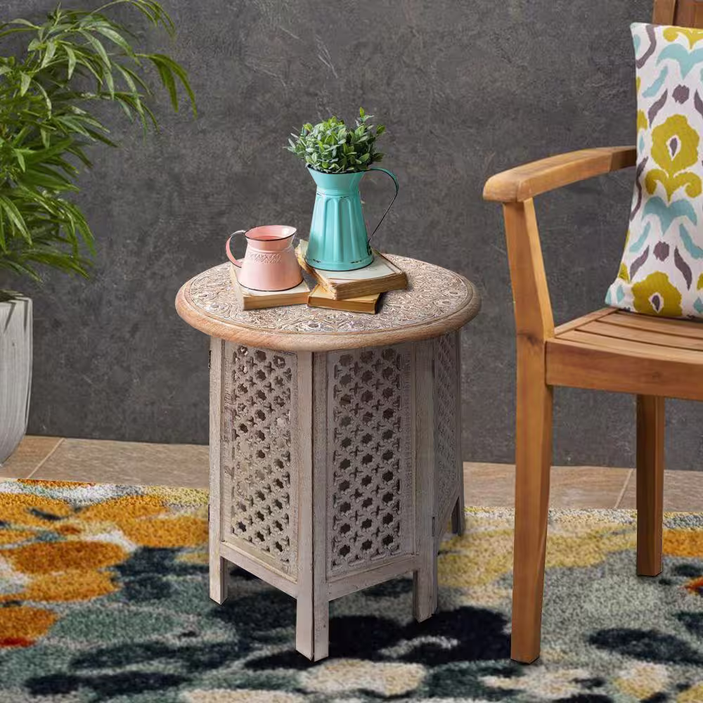 The Urban Port 21.8 in. H Antique White and Brown Mesh Cut Out Carved Mango Wood Octagonal Folding Table with Round Top