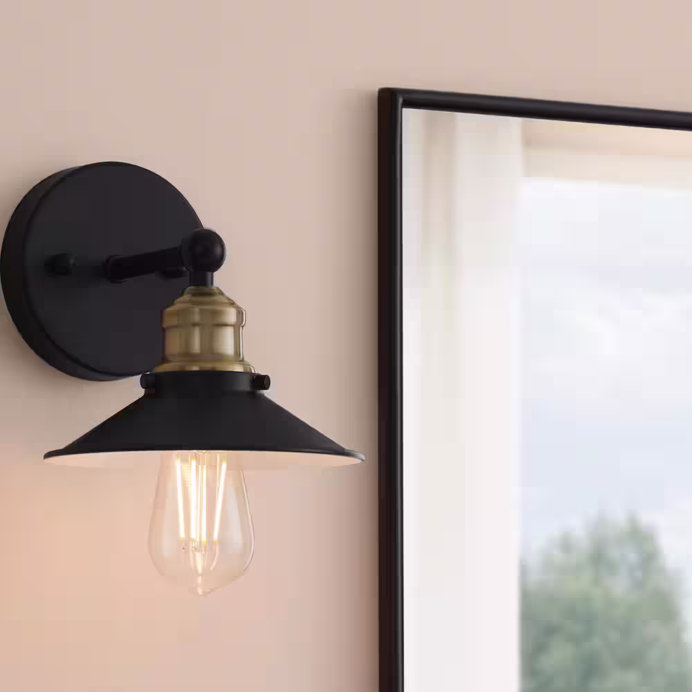 Hampton Bay Glenhurst 1-Light Black and Brass Industrial Farmhouse Indoor Wall Sconce Light Fixture with Metal Shade