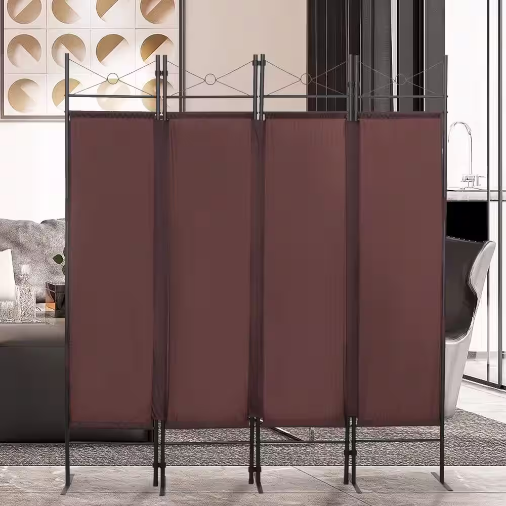 None 4-Panel Metal Folding Room Divider, 5.94Ft Freestanding Room Screen Partition Privacy Display for Bedroom, Office,Brown
