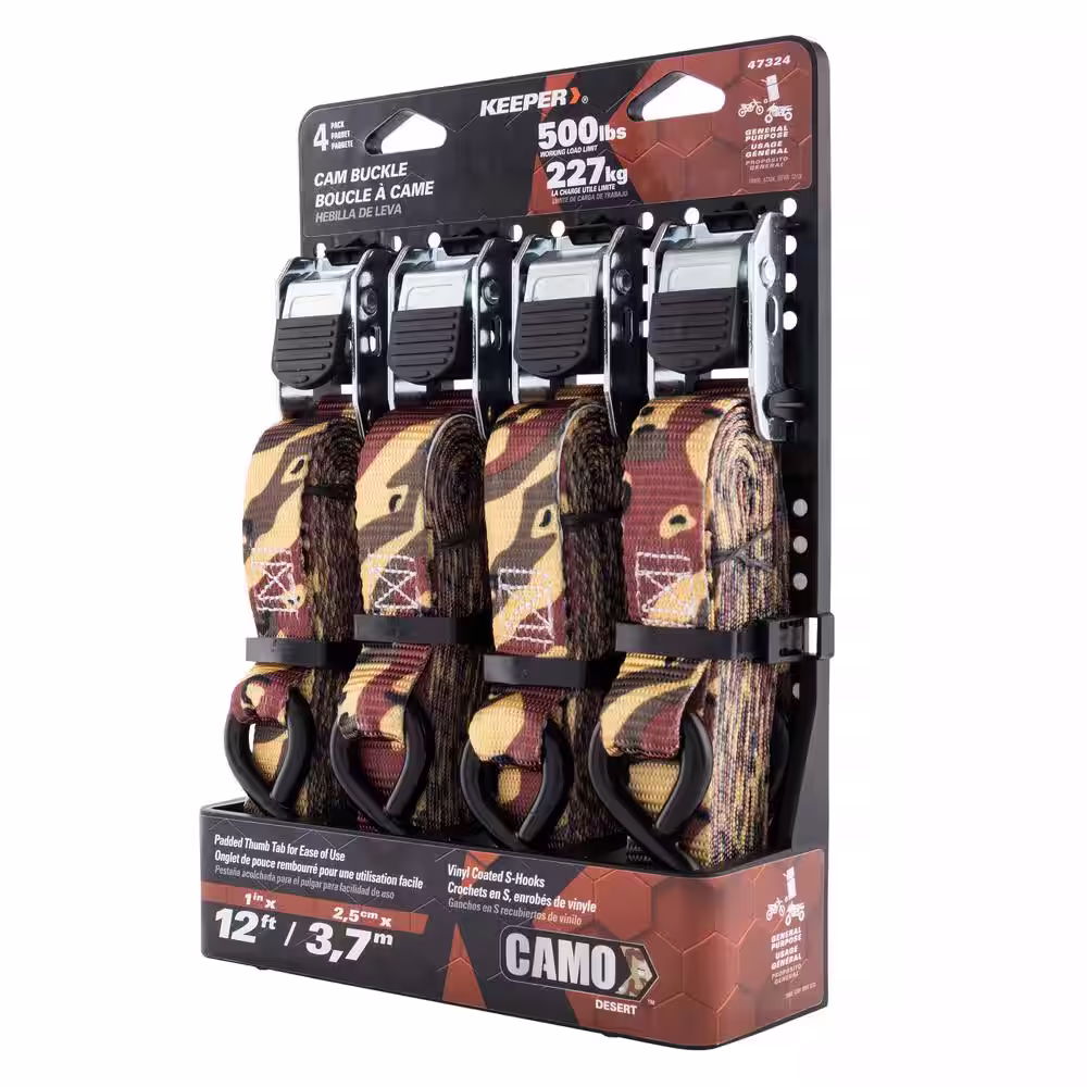 Keeper 12ft. x 1in. 500lbs. Cam Buckle Tie Down Strap (4 Pack)