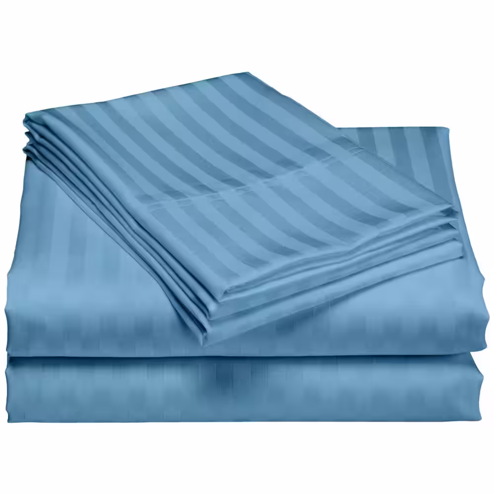 None Hotel London Teal 600-Thread Count 100% Cotton Deep Pocket Twin XL Striped Sheet Set