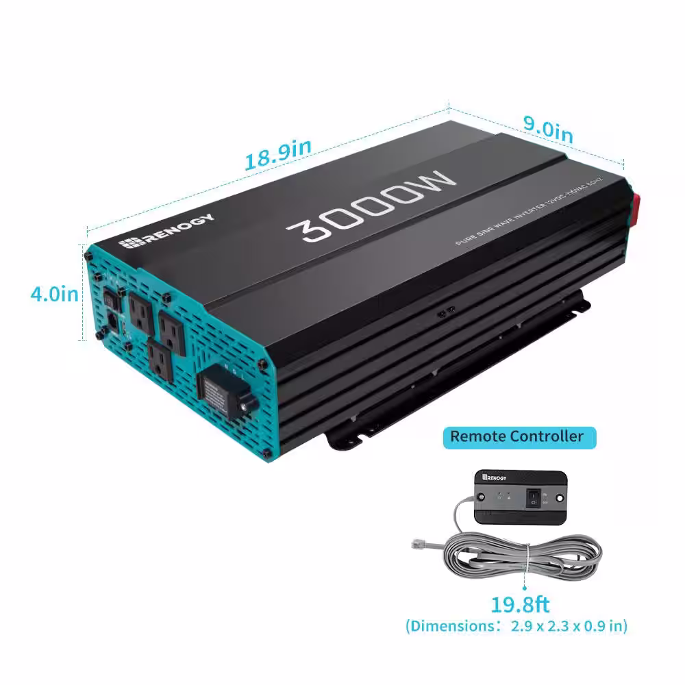 Renogy 3000-Watt Pure Sine Wave Inverter 12V DC to 120V AC Converter for Off-Grid Solar Power w/ Built-in 5V/2.1A USB Port