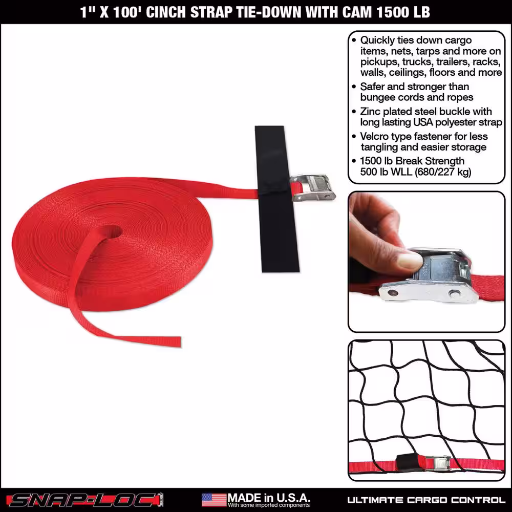 SNAP-LOC 100 ft. x 1 in. Cinch Strap with Hook and Loop Storage Fastener in Red