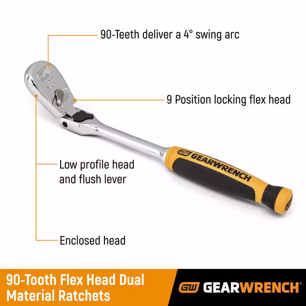 GEARWRENCH 3/8 in. Drive 90-Tooth Dual Material Locking Flex Head Teardrop Ratchet