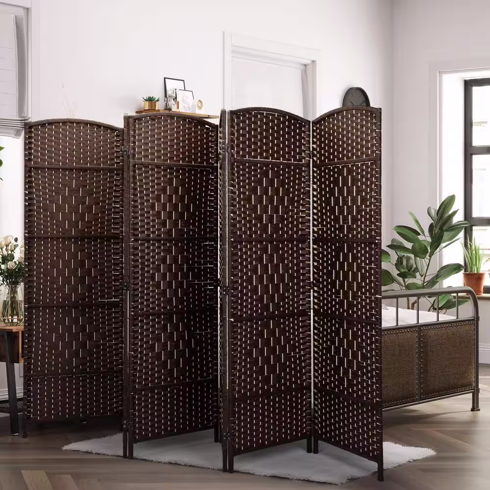 None 6-Panel Pine Wood Folding Screen Room Dividers, Privacy Screens, Dark Brown