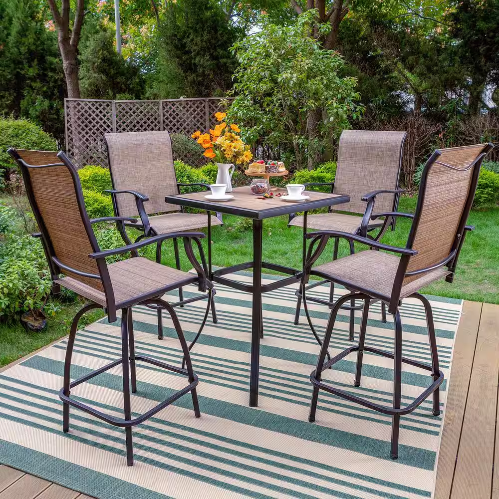 None Black 5-Piece Metal Square Outdoor Patio Bar Set with Wood-Look Bar Table and Swivel Bistro Chairs