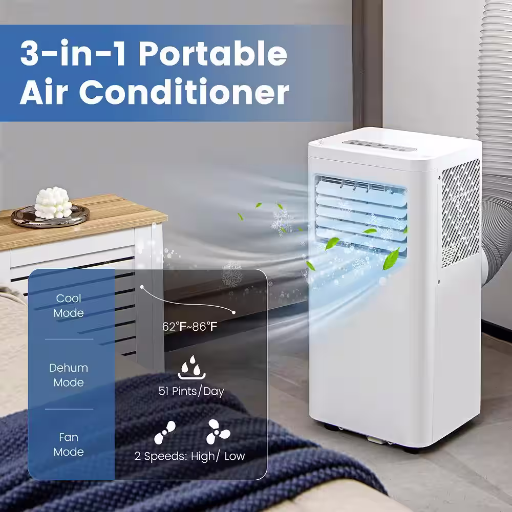 Costway 8,000 BTU (DOE) Portable Air Conditioner Cools 250 Sq. Ft. with Dehumidifier Remote in White