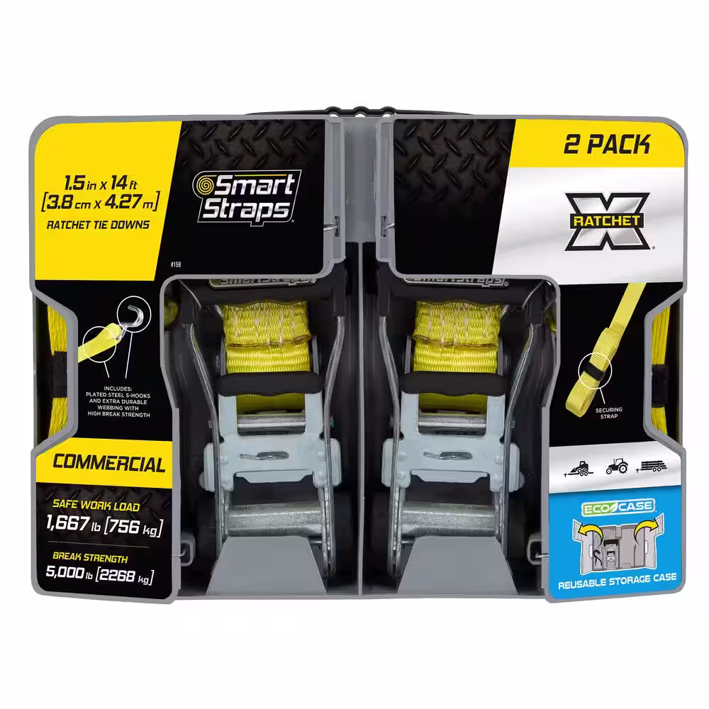 SmartStraps 14 ft. Yellow Rachet Tie Down Straps with 1,667 lb. Safe Work Load - 2 pack
