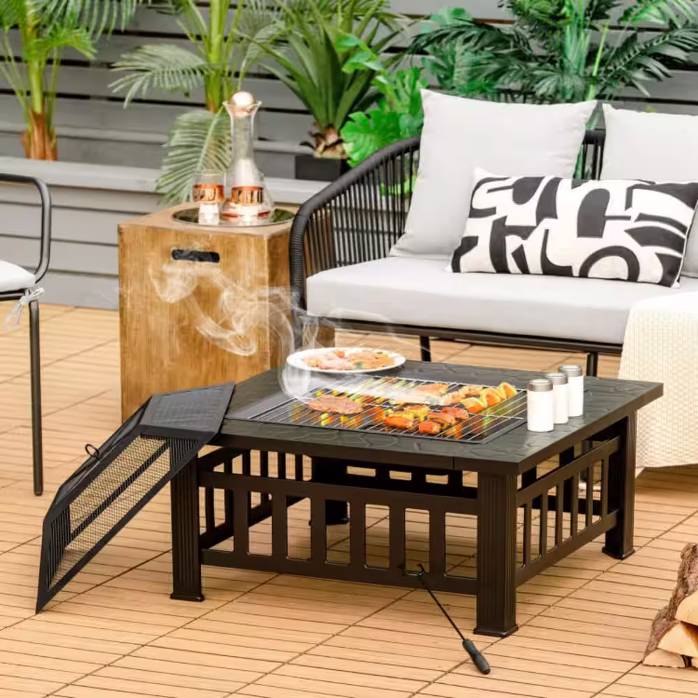 Clihome Black 32 in. 3-in-1 Square Outdoor Fire Pit Table with BBQ Grill and Rain Cover for Camping