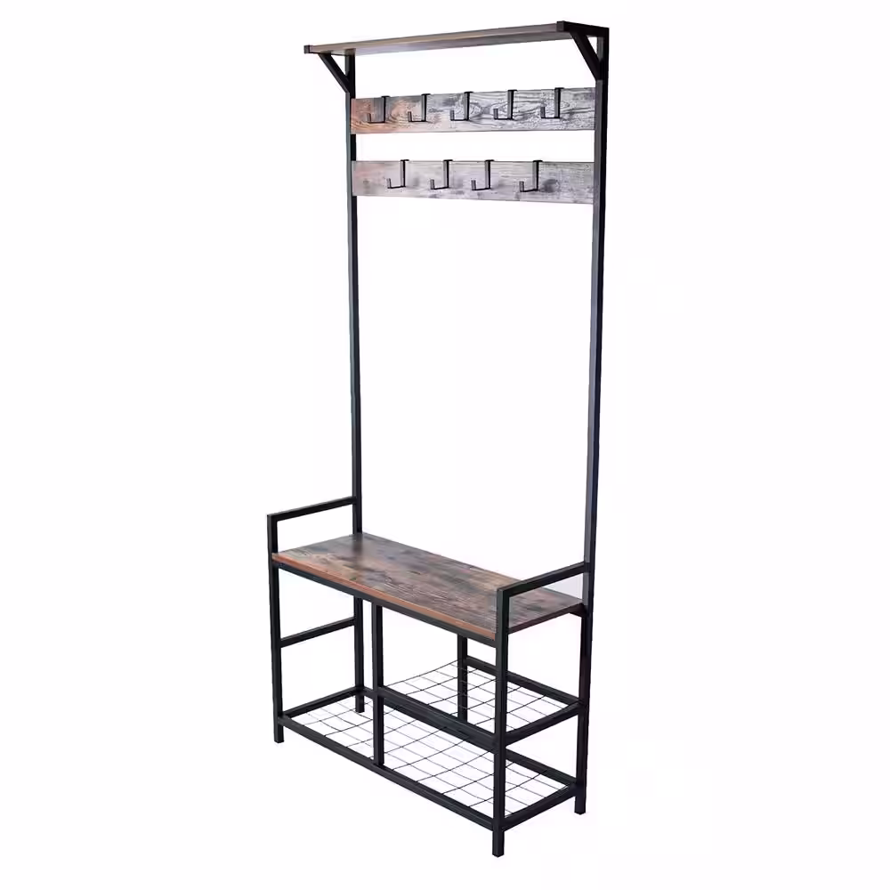 None Brown and Black Metal with Wooden Bench 2-Wire Meshed Shelved Coat Rack