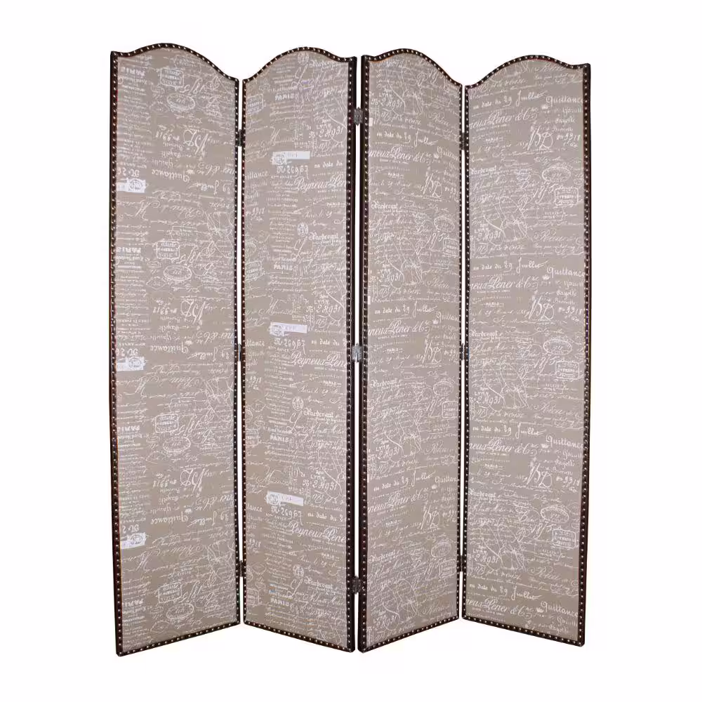 Benjara Beige and Brown 3-Panel Scripted Fabric Wooden Scalloped Room Divider