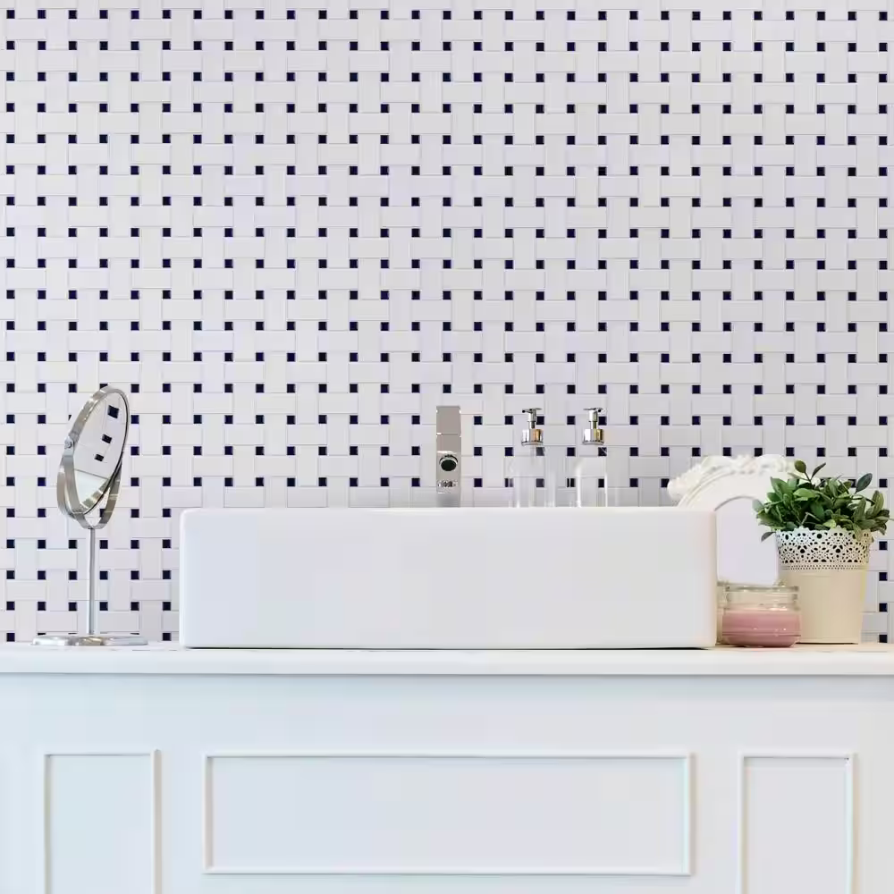 Merola Tile Metro Basketweave White with Glossy Cobalt Dot 11-3/4 in. x 11-3/4 in. Porcelain Mosaic Tile (9.8 sq. ft./Case)