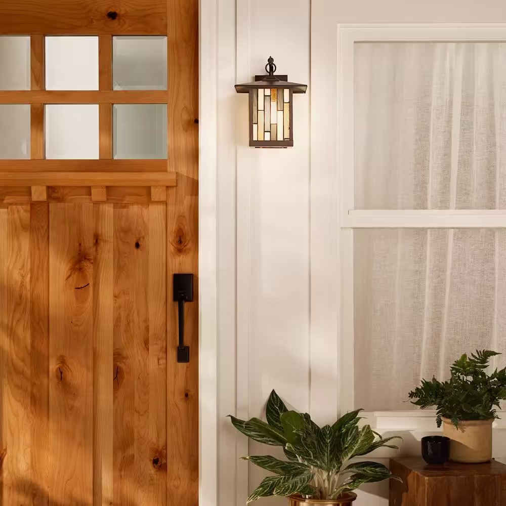 River of Goods Maelen 1-Light Oil Rubbed Bronze Outdoor Stained Glass Wall Lantern Sconce