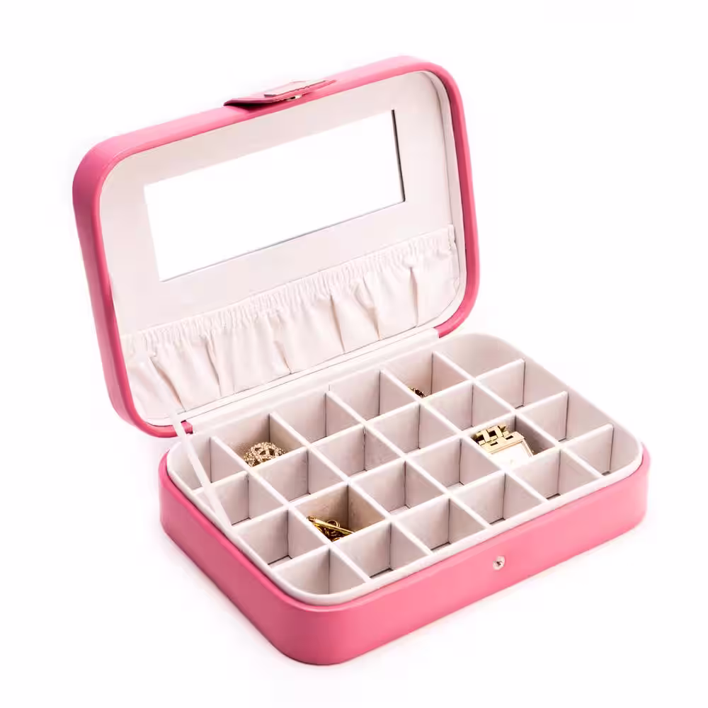 BEY-BERK Pink Leatherette 24 Section Jewel Case with Mirror Soft Velour Lining and Snap Closure