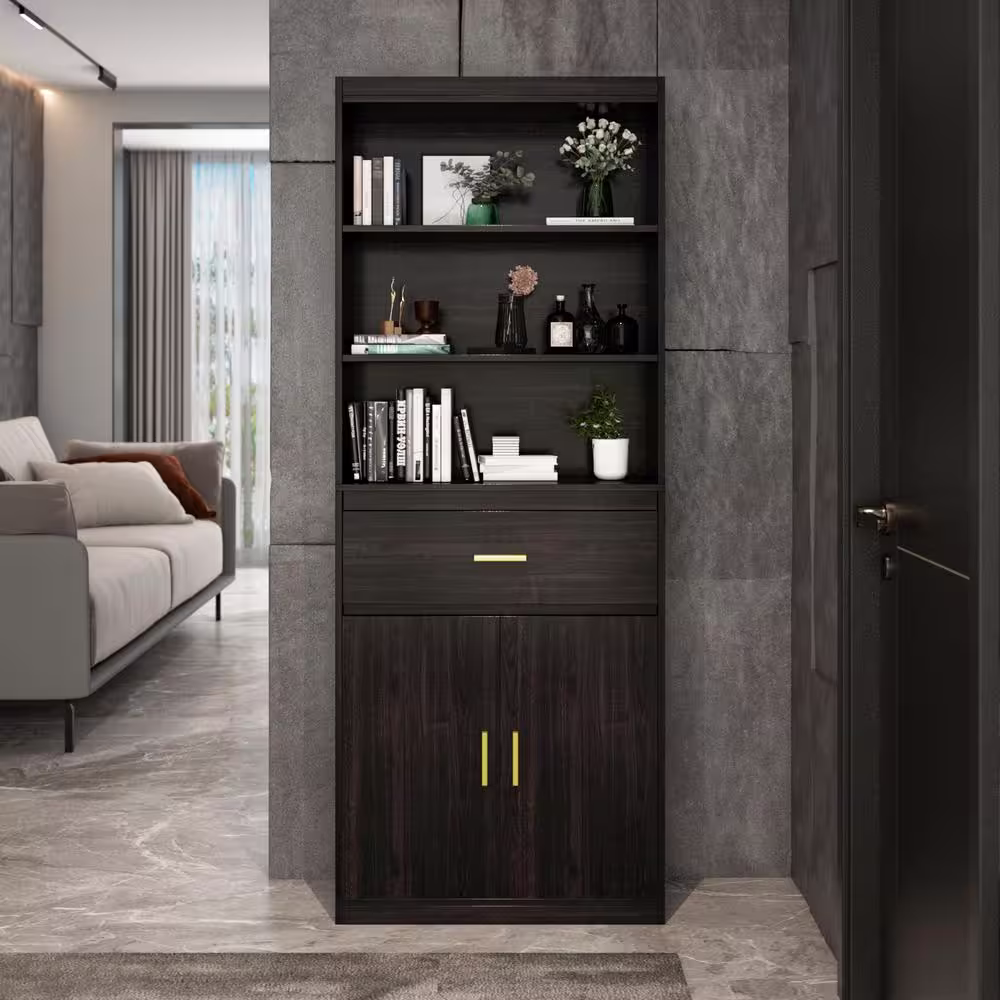 FUFU&GAGA 70.8 in. H Coffee Brown Wood 3-Shelf Bookcase Bookshelf With 2-Door Cabinet and Drawer