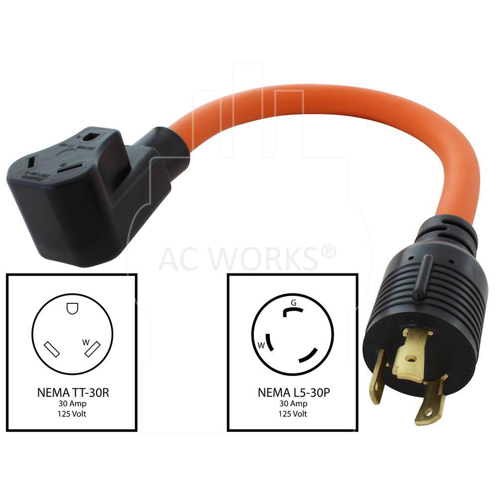 AC WORKS AC Connectors 1.5 ft. 10/3 L5-30P 30 Amp 3-Prong Locking Plug to 30 Amp RV Generator Adapter