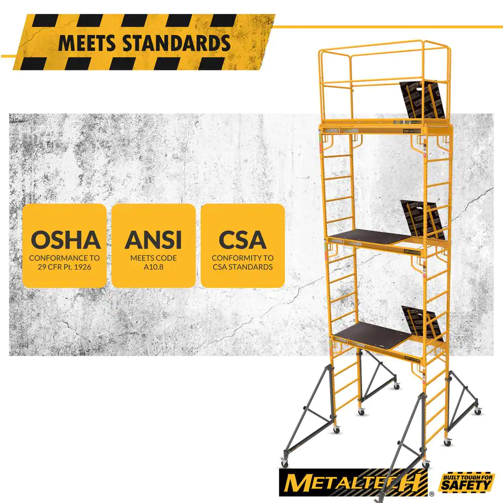 MetalTech Rolling Scaffolding Tower, Safeclimb 3-Story Baker Scaffolding with Outriggers, Guard Rail, Climb Through Platform