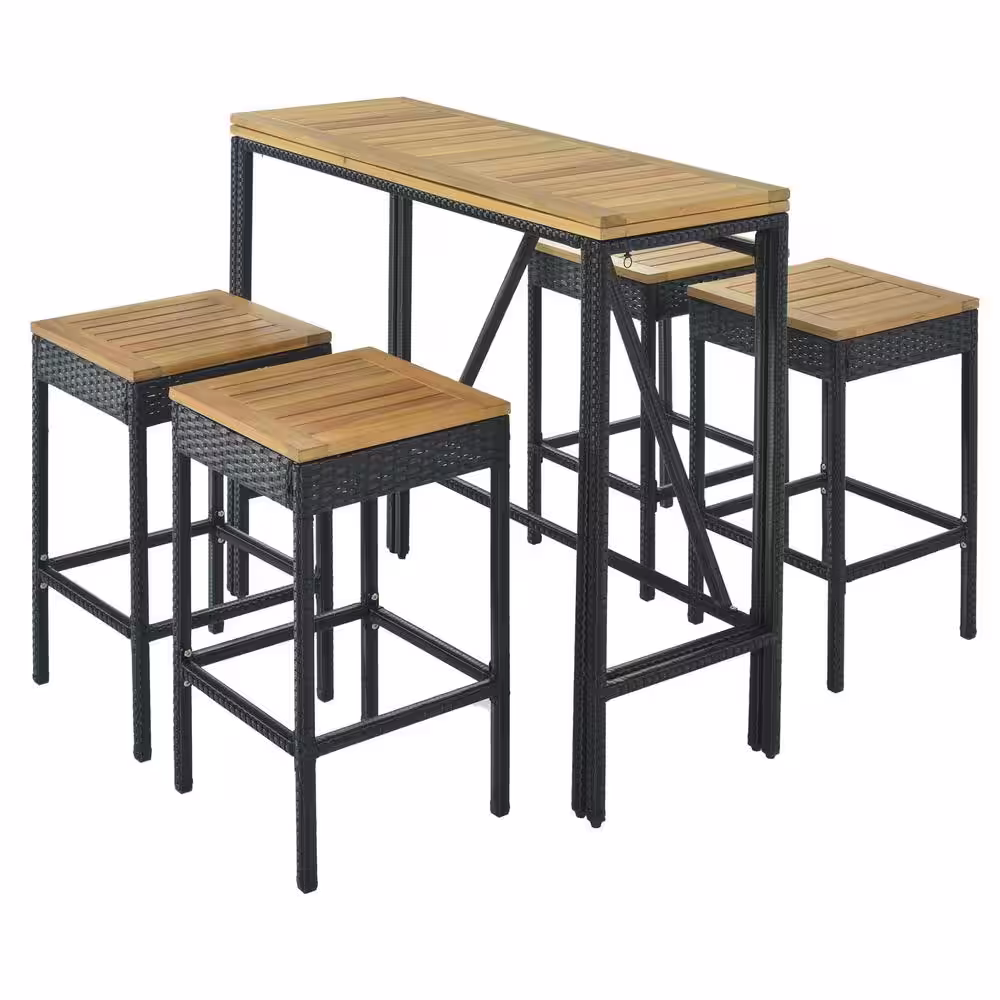 None 5-Piece Outdoor Terrace Wicker Bar Set Foldable Table Top Fine Dining Bistro Set with 4 Stools and 1 Wooden Table