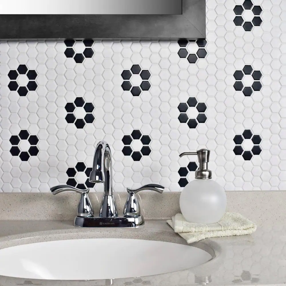 Merola Tile Metro 1 in. Hex Matte White with Flower 10-1/4 in. x 11-7/8 in. Porcelain Mosaic Tile (8.6 sq. ft./Case)