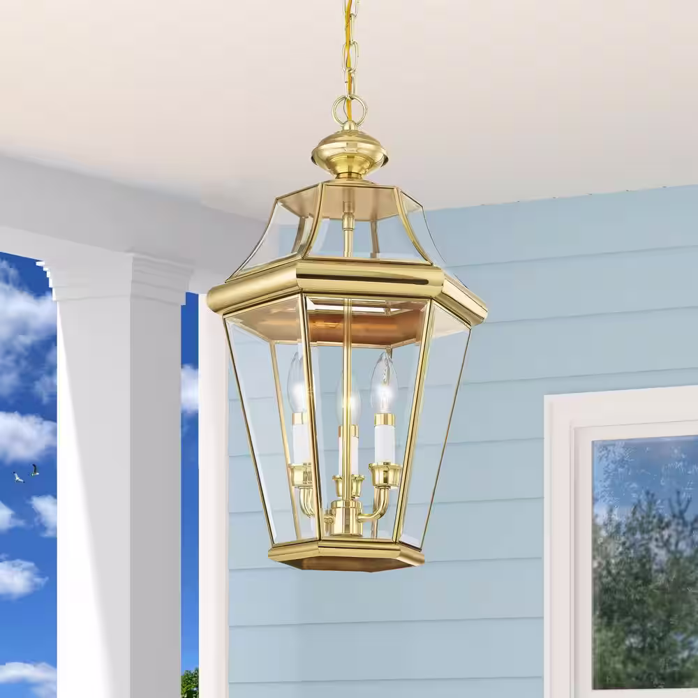 Livex Lighting Georgetown 3 Light Polished Brass Outdoor Pendant Lantern