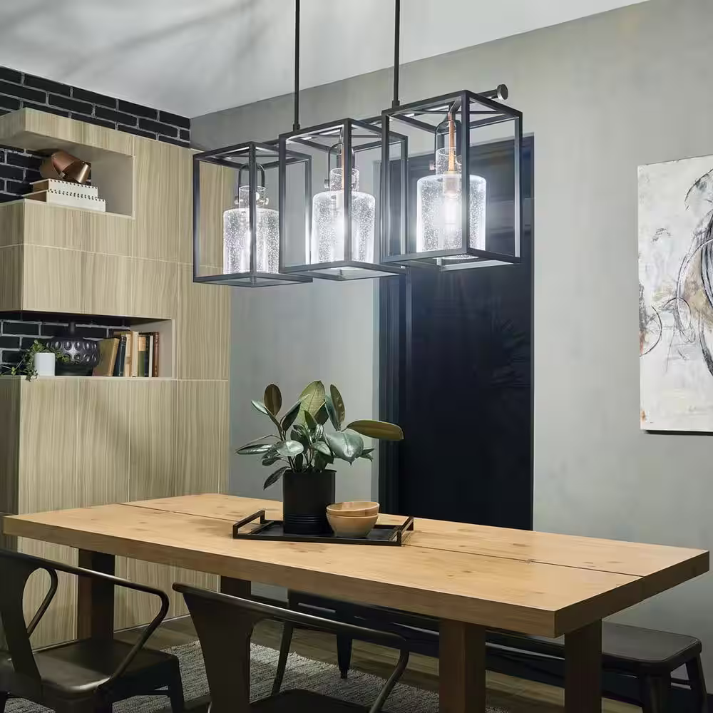 KICHLER Kitner 42 in. 3-Light Black Vintage Industrial Linear Cage Chandelier for Dining Room