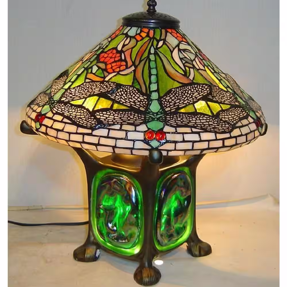 Serena D'italia 14 in. Height Tiffany Green Dragonfly Luminescent Table Lamp