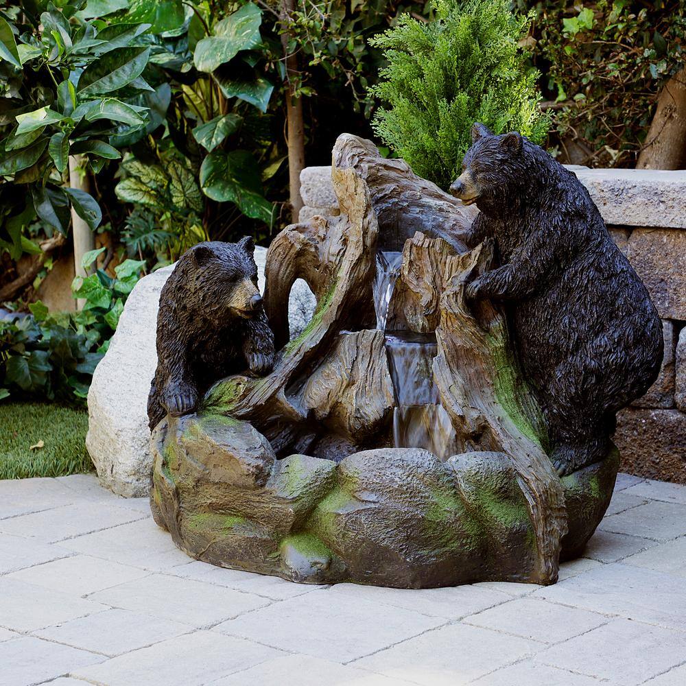 Alpine Corporation 24 in. Tall Outdoor 2 Bears Climbing on Rainforest Water Fountain with LED Lights