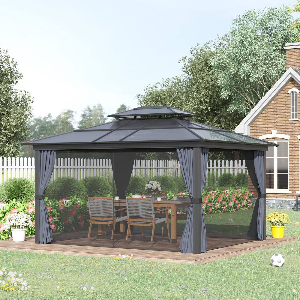 Outsunny 12 ft. x 10 ft. Grey Hardtop Gazebo Outdoor Polycarbonate Canopy Aluminum Frame Pergola
