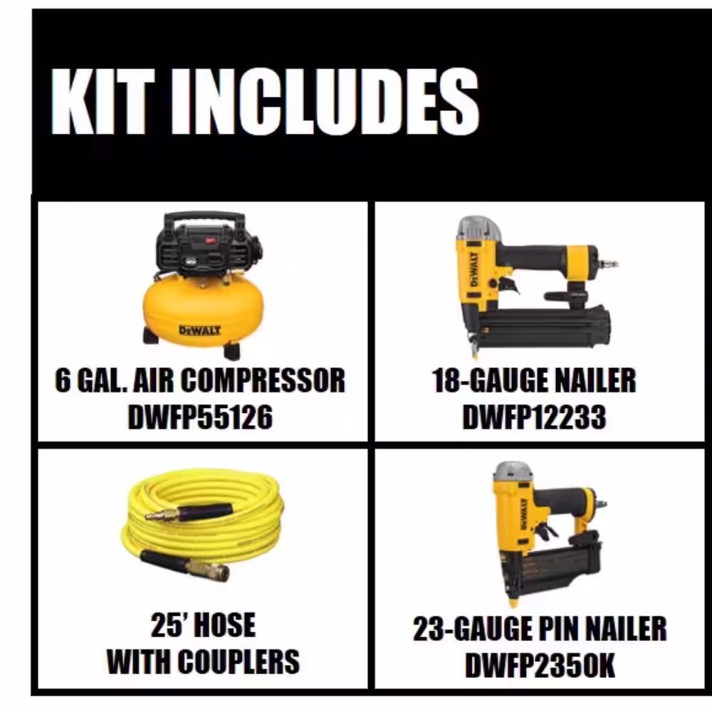 DEWALT 6 Gal. 165 PSI Heavy-Duty Electric Pancake Air Compressor, 18-Gauge Brad Nailer and 23-Gauge 2 in. Pin Nailer