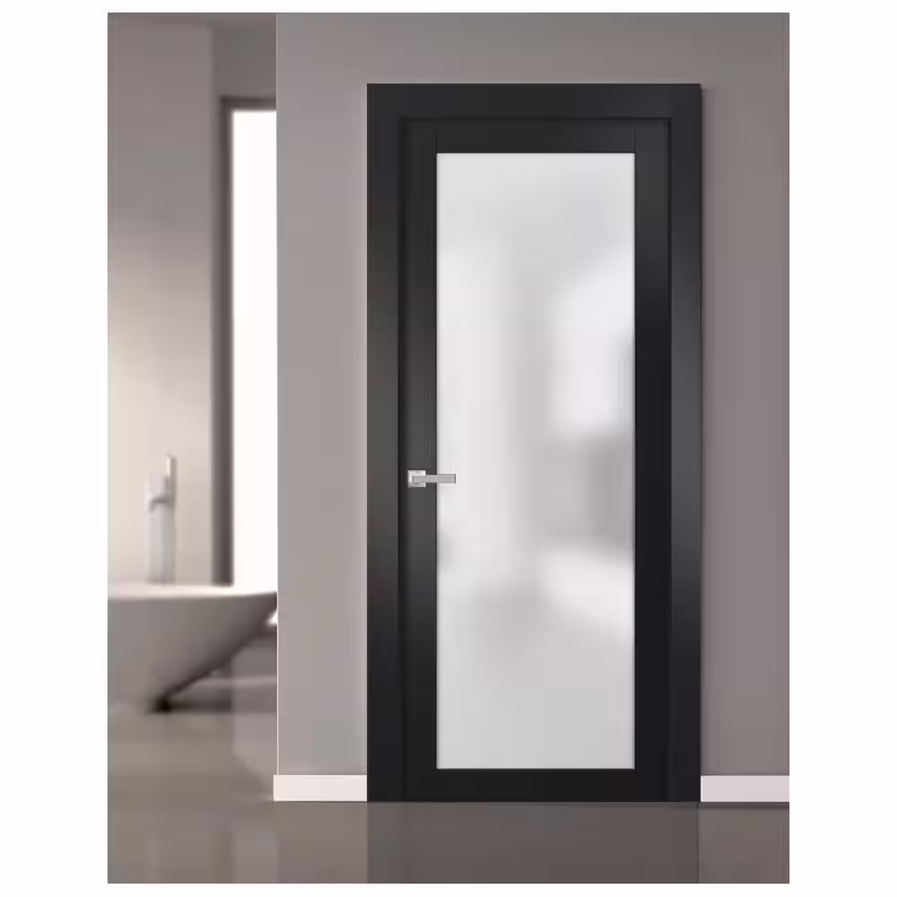 Sartodoors 2102 32 in. x 80 in. Single Panel No Bore Frosted Glass Black Pine Wood Interior Door Slab