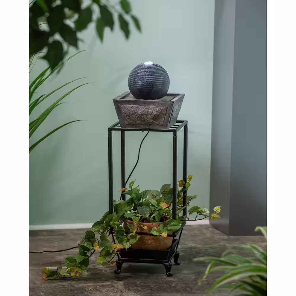 Evergreen 35 in. Ridged Globe Fountain with Planter Shelf