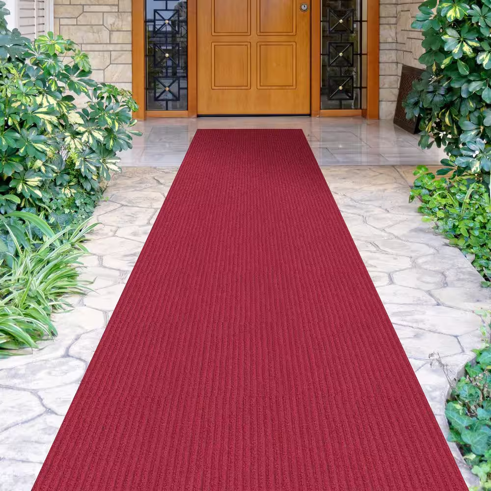 Sweet Home Stores Ribbed Waterproof Non-Slip Rubber Back Solid Runner Rug 2 ft. W x 20 ft. L Red Polyester Garage Flooring