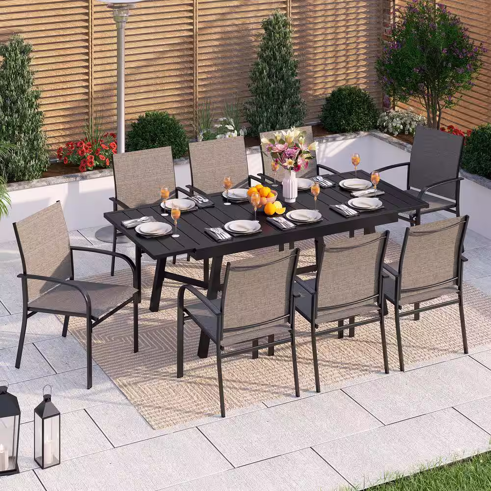 None Black 9-Piece Metal Expandable Table Patio Outdoor Dining Set with Brown Textilene Chairs